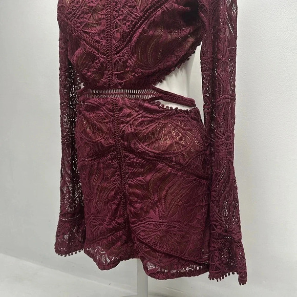 For Love And Lemons Emerie Cut Out Dress Mini Lace Long Sleeve Merlot Red Medium - Picture 8 of 12